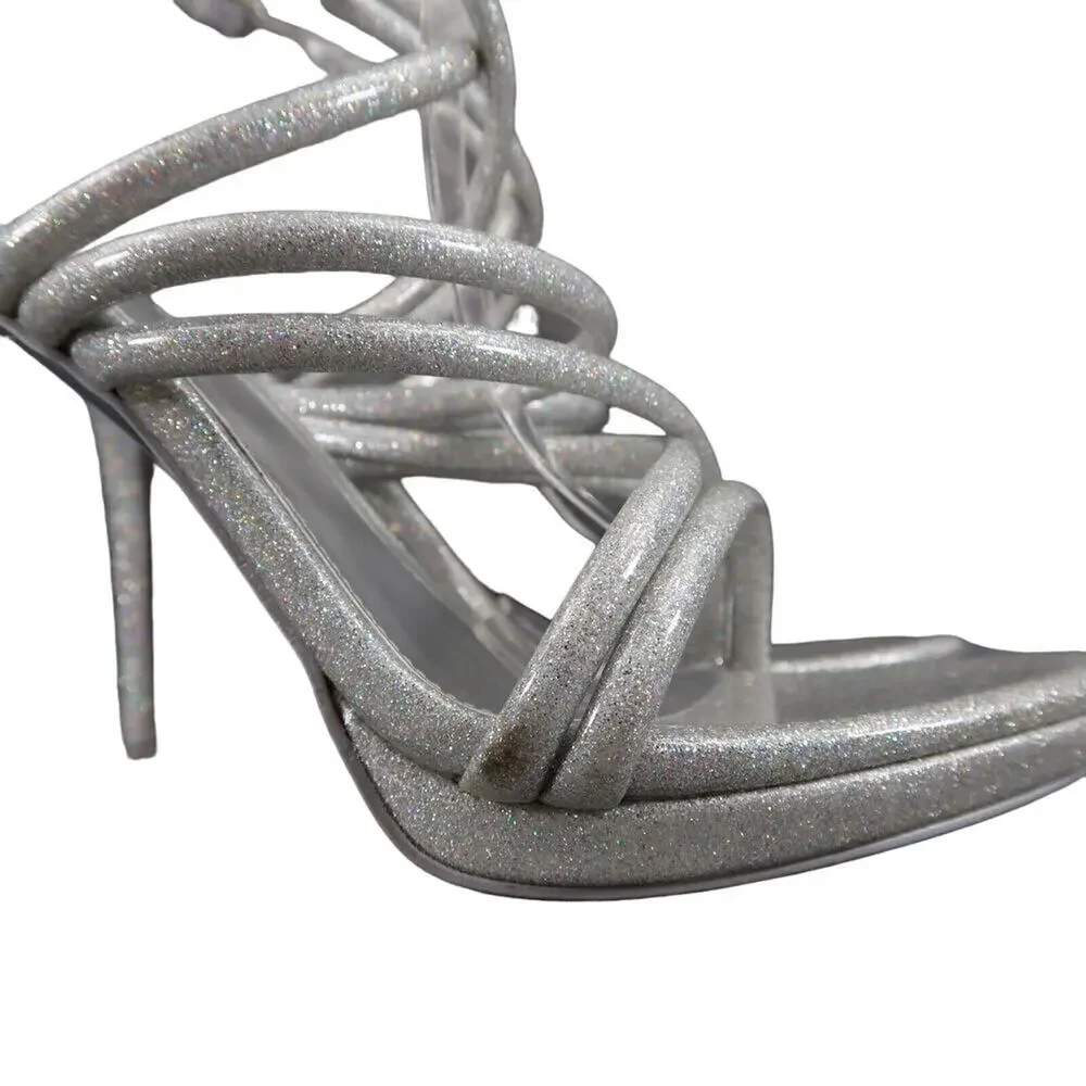 Nine West Shoes Womens 8 Heeled Sandal Ankle Strap Pumps Platform Silver Glitter